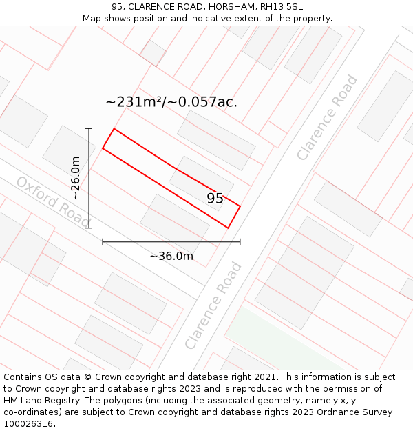 95, CLARENCE ROAD, HORSHAM, RH13 5SL: Plot and title map