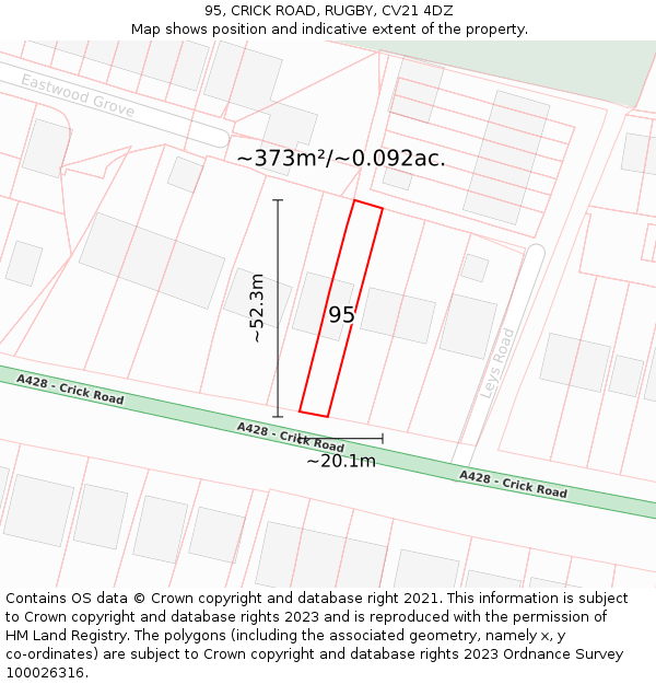 95, CRICK ROAD, RUGBY, CV21 4DZ: Plot and title map