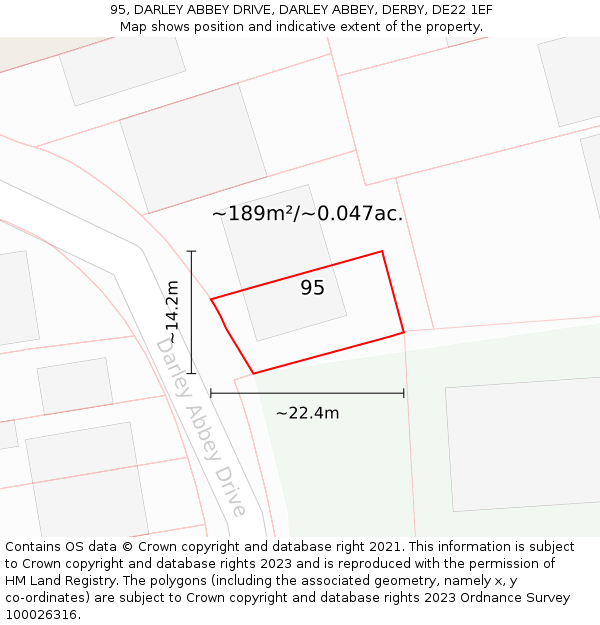 95, DARLEY ABBEY DRIVE, DARLEY ABBEY, DERBY, DE22 1EF: Plot and title map