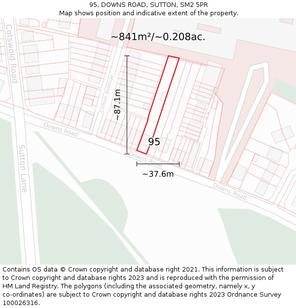 95, DOWNS ROAD, SUTTON, SM2 5PR: Plot and title map