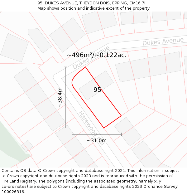95, DUKES AVENUE, THEYDON BOIS, EPPING, CM16 7HH: Plot and title map