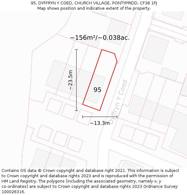 95, DYFFRYN Y COED, CHURCH VILLAGE, PONTYPRIDD, CF38 1PJ: Plot and title map