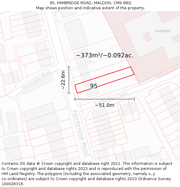 95, FAMBRIDGE ROAD, MALDON, CM9 6BQ: Plot and title map