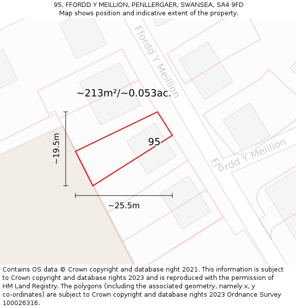 95, FFORDD Y MEILLION, PENLLERGAER, SWANSEA, SA4 9FD: Plot and title map