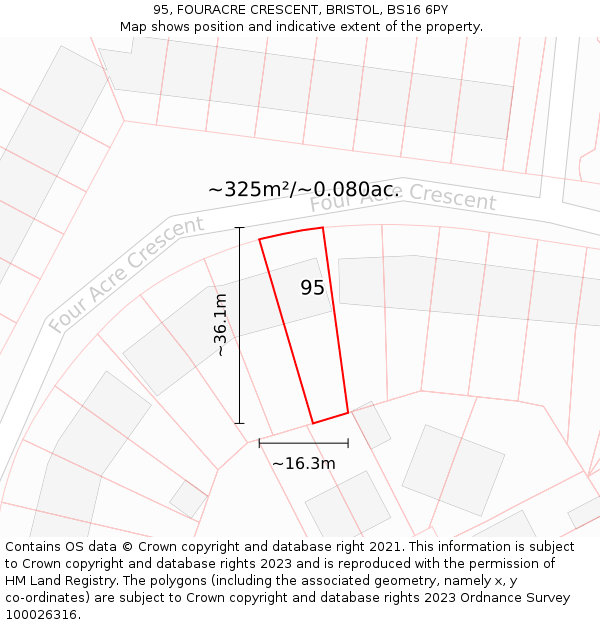 95, FOURACRE CRESCENT, BRISTOL, BS16 6PY: Plot and title map