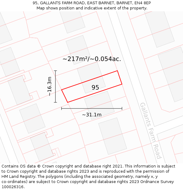 95, GALLANTS FARM ROAD, EAST BARNET, BARNET, EN4 8EP: Plot and title map