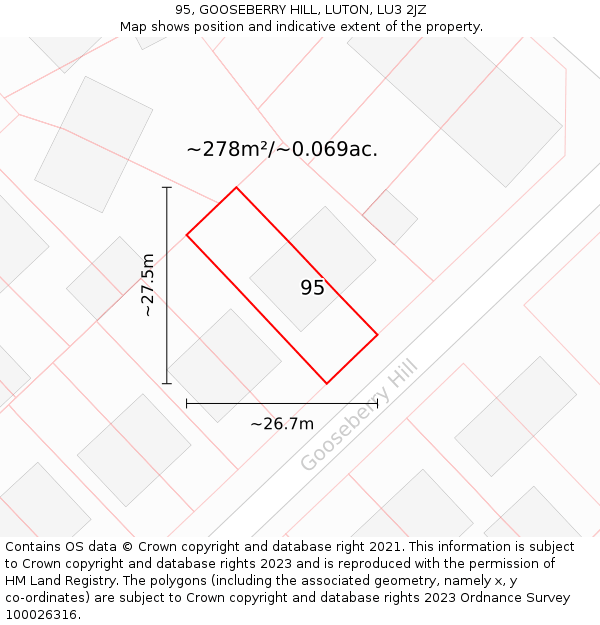 95, GOOSEBERRY HILL, LUTON, LU3 2JZ: Plot and title map