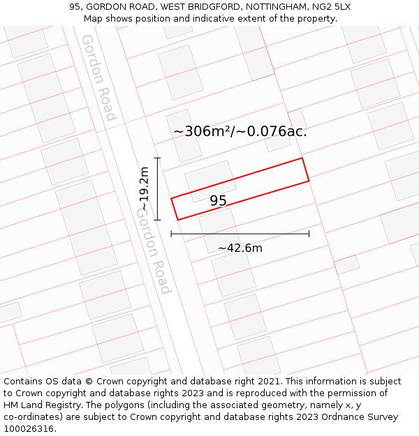 95, GORDON ROAD, WEST BRIDGFORD, NOTTINGHAM, NG2 5LX: Plot and title map