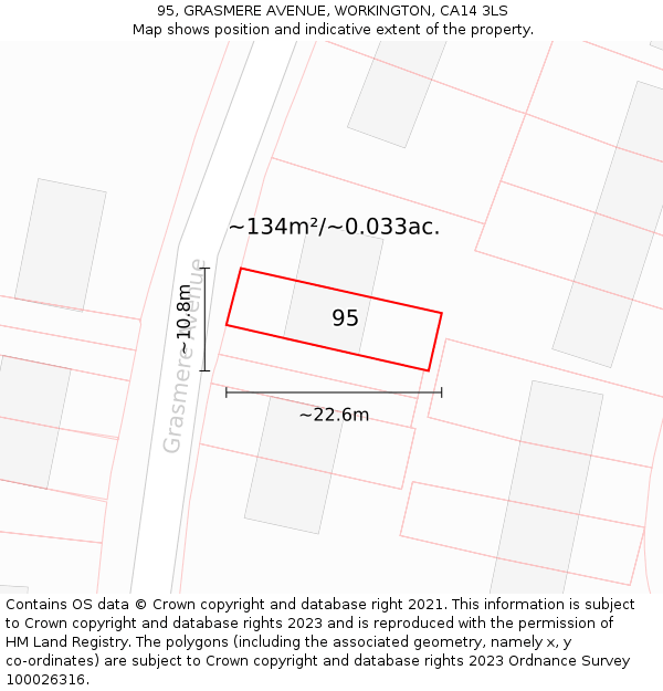 95, GRASMERE AVENUE, WORKINGTON, CA14 3LS: Plot and title map