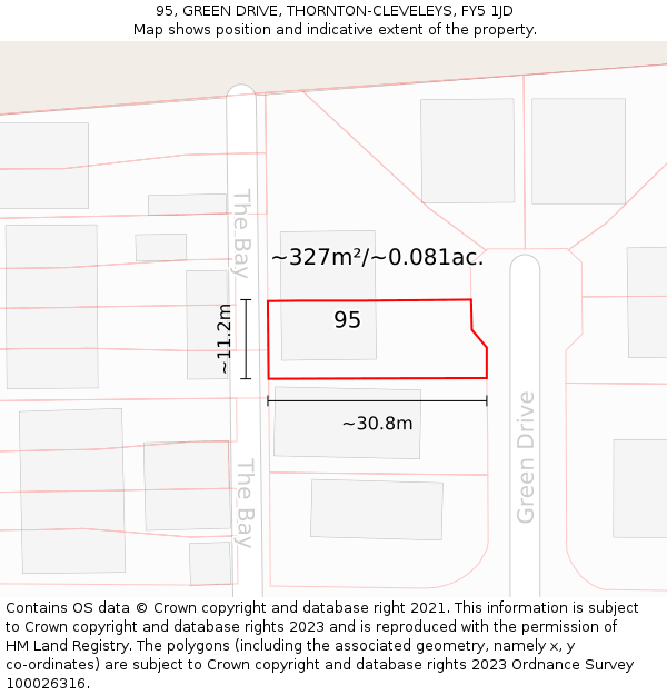 95, GREEN DRIVE, THORNTON-CLEVELEYS, FY5 1JD: Plot and title map