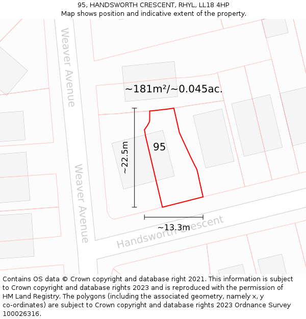 95, HANDSWORTH CRESCENT, RHYL, LL18 4HP: Plot and title map