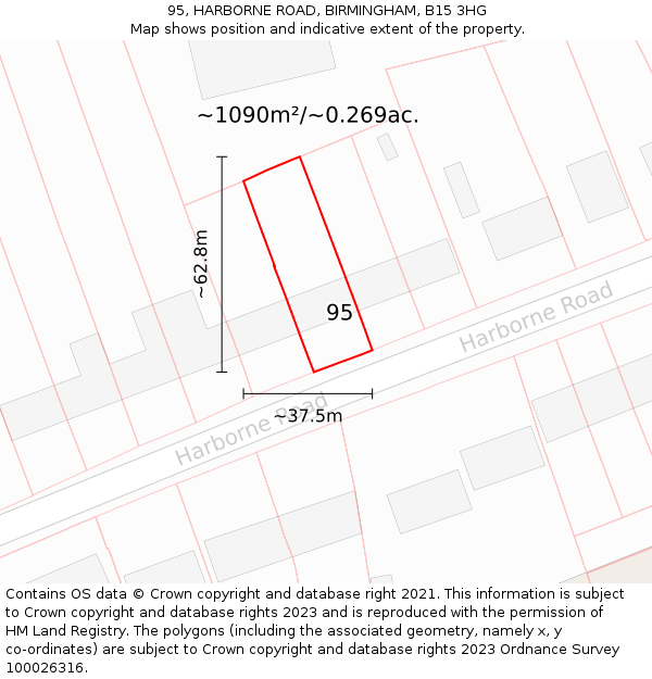 95, HARBORNE ROAD, BIRMINGHAM, B15 3HG: Plot and title map