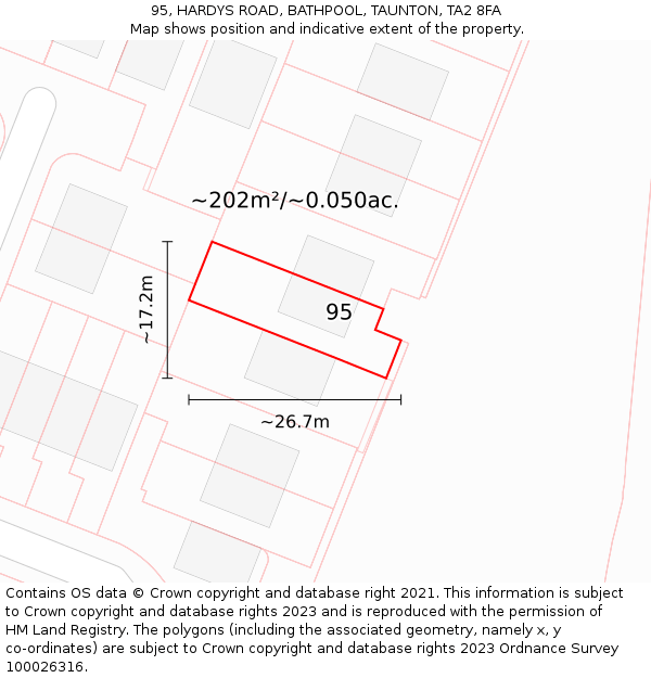 95, HARDYS ROAD, BATHPOOL, TAUNTON, TA2 8FA: Plot and title map