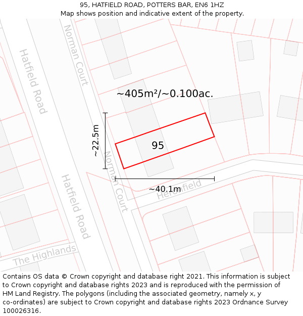 95, HATFIELD ROAD, POTTERS BAR, EN6 1HZ: Plot and title map