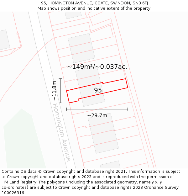 95, HOMINGTON AVENUE, COATE, SWINDON, SN3 6FJ: Plot and title map