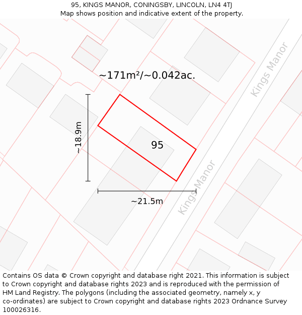 95, KINGS MANOR, CONINGSBY, LINCOLN, LN4 4TJ: Plot and title map