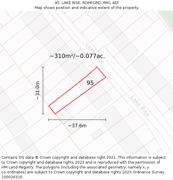 95, LAKE RISE, ROMFORD, RM1 4EF: Plot and title map