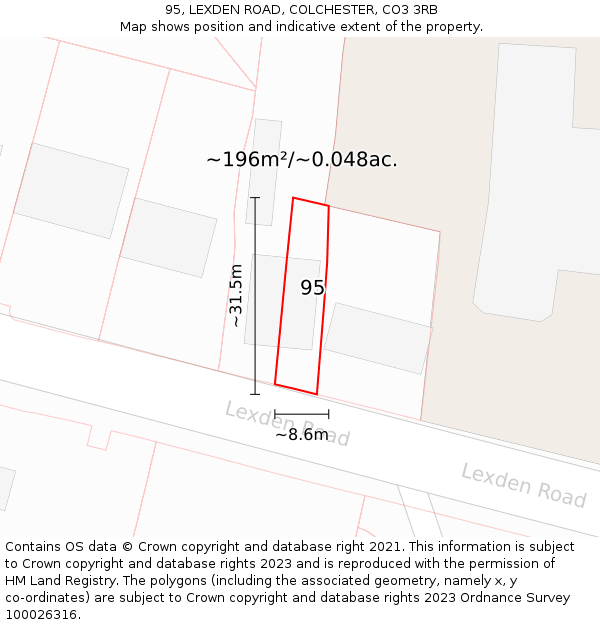 95, LEXDEN ROAD, COLCHESTER, CO3 3RB: Plot and title map