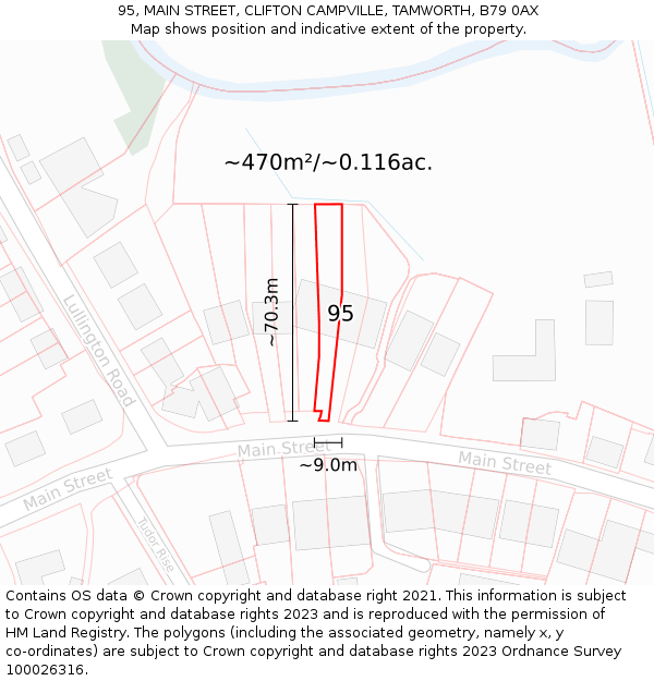 95, MAIN STREET, CLIFTON CAMPVILLE, TAMWORTH, B79 0AX: Plot and title map