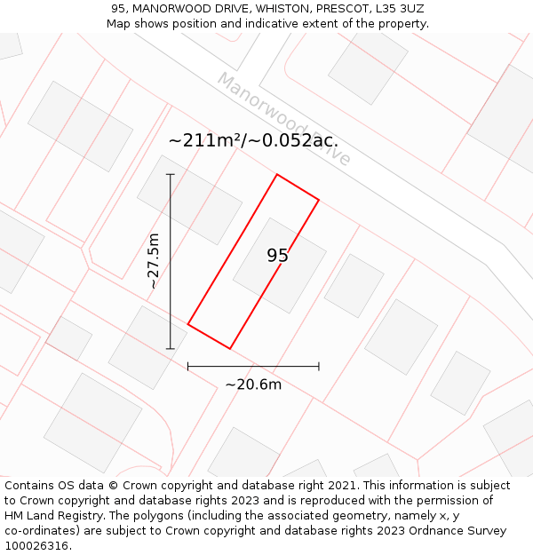 95, MANORWOOD DRIVE, WHISTON, PRESCOT, L35 3UZ: Plot and title map