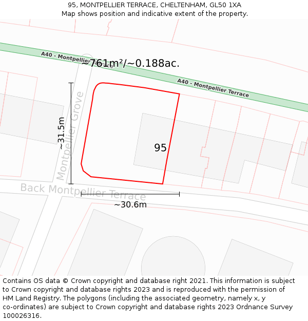 95, MONTPELLIER TERRACE, CHELTENHAM, GL50 1XA: Plot and title map