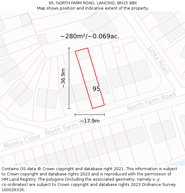 95, NORTH FARM ROAD, LANCING, BN15 9BX: Plot and title map