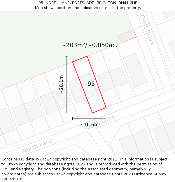 95, NORTH LANE, PORTSLADE, BRIGHTON, BN41 2HF: Plot and title map