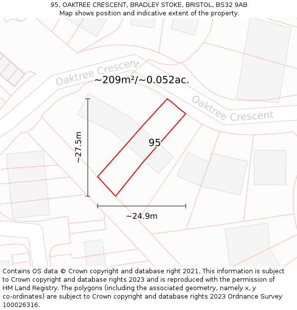 95, OAKTREE CRESCENT, BRADLEY STOKE, BRISTOL, BS32 9AB: Plot and title map