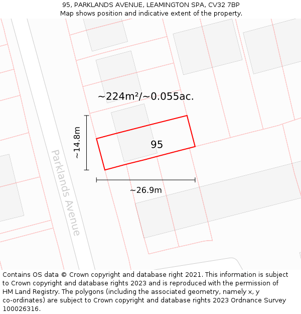 95, PARKLANDS AVENUE, LEAMINGTON SPA, CV32 7BP: Plot and title map