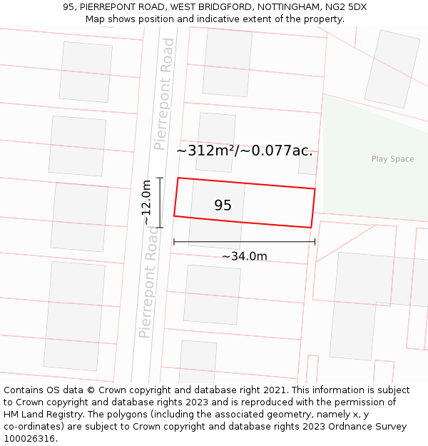 95, PIERREPONT ROAD, WEST BRIDGFORD, NOTTINGHAM, NG2 5DX: Plot and title map