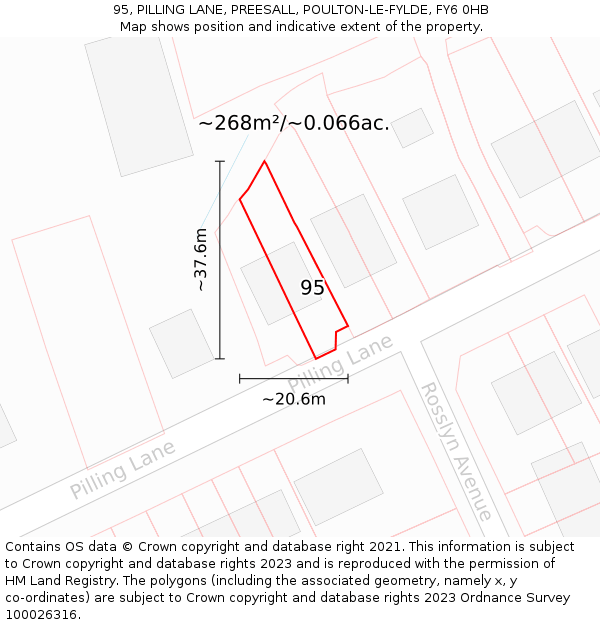 95, PILLING LANE, PREESALL, POULTON-LE-FYLDE, FY6 0HB: Plot and title map