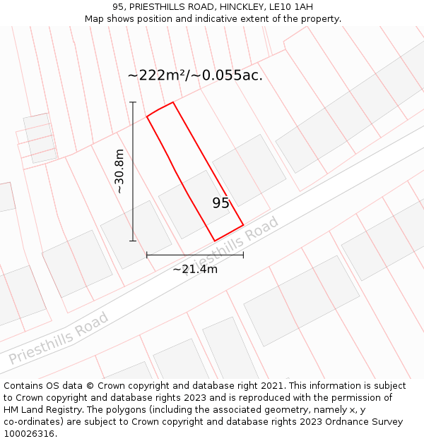 95, PRIESTHILLS ROAD, HINCKLEY, LE10 1AH: Plot and title map