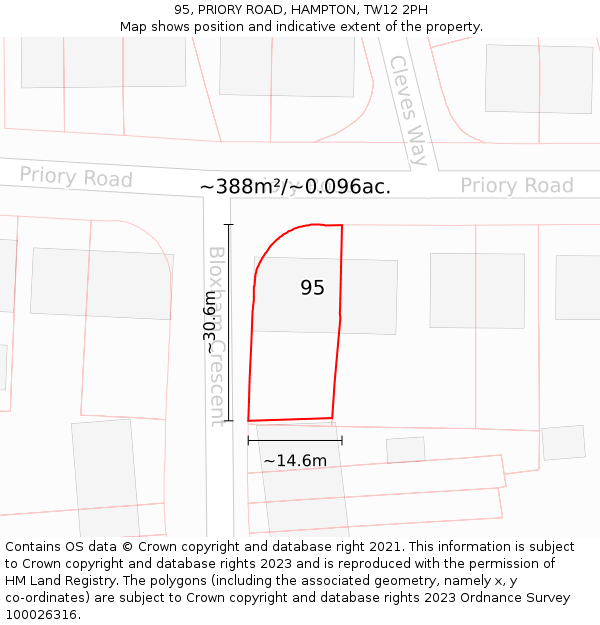 95, PRIORY ROAD, HAMPTON, TW12 2PH: Plot and title map