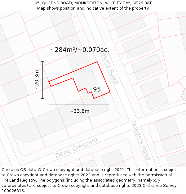 95, QUEENS ROAD, MONKSEATON, WHITLEY BAY, NE26 3AT: Plot and title map