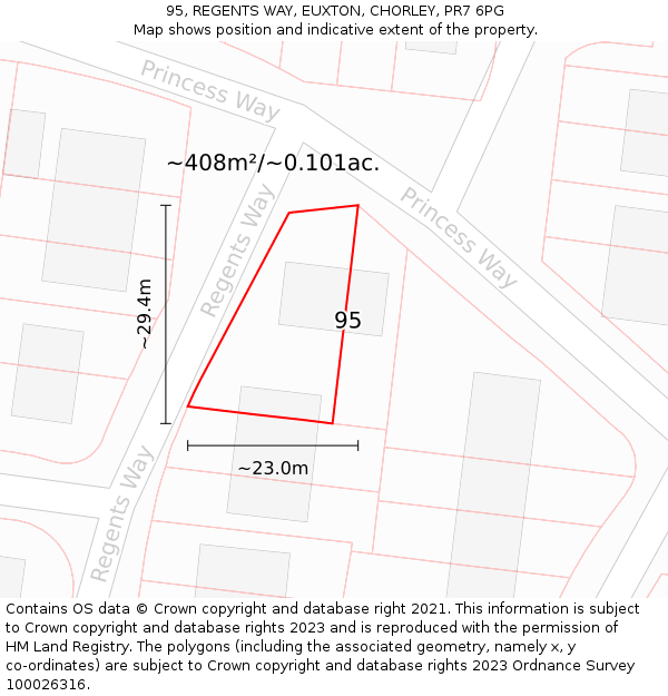 95, REGENTS WAY, EUXTON, CHORLEY, PR7 6PG: Plot and title map