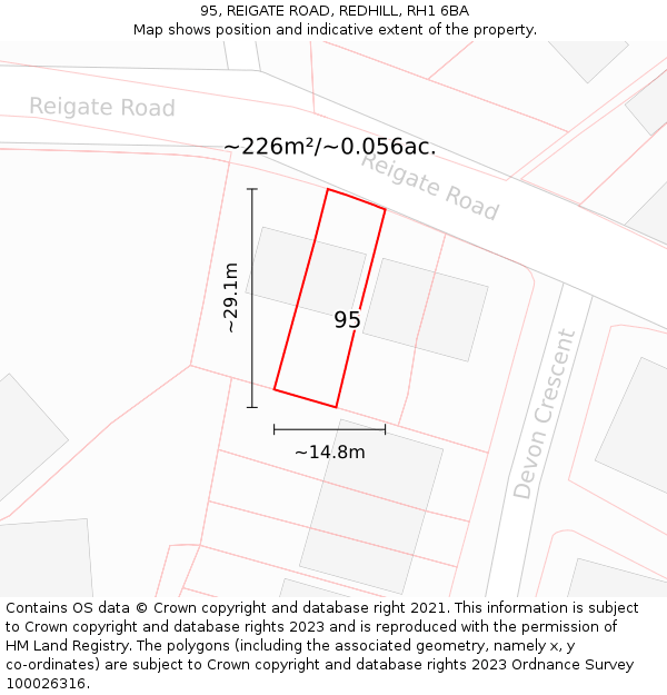 95, REIGATE ROAD, REDHILL, RH1 6BA: Plot and title map