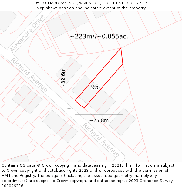 95, RICHARD AVENUE, WIVENHOE, COLCHESTER, CO7 9HY: Plot and title map