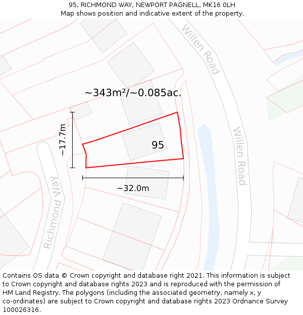 95, RICHMOND WAY, NEWPORT PAGNELL, MK16 0LH: Plot and title map