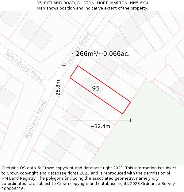 95, RYELAND ROAD, DUSTON, NORTHAMPTON, NN5 6XN: Plot and title map