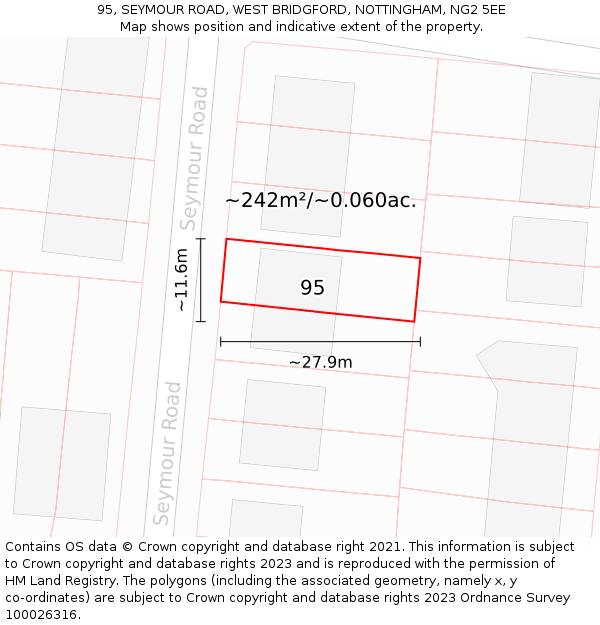 95, SEYMOUR ROAD, WEST BRIDGFORD, NOTTINGHAM, NG2 5EE: Plot and title map