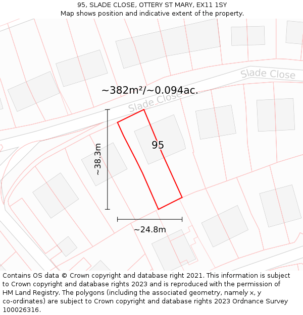 95, SLADE CLOSE, OTTERY ST MARY, EX11 1SY: Plot and title map
