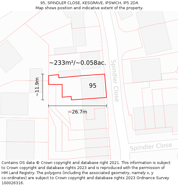 95, SPINDLER CLOSE, KESGRAVE, IPSWICH, IP5 2DA: Plot and title map