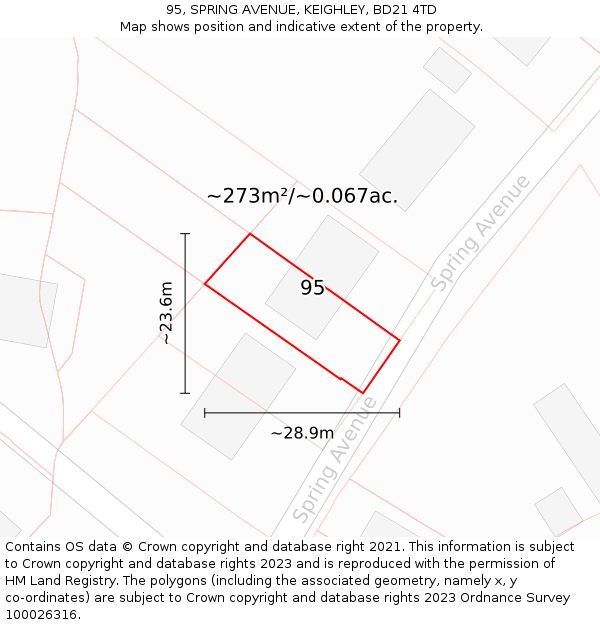 95, SPRING AVENUE, KEIGHLEY, BD21 4TD: Plot and title map