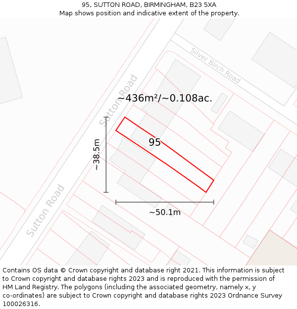 95, SUTTON ROAD, BIRMINGHAM, B23 5XA: Plot and title map