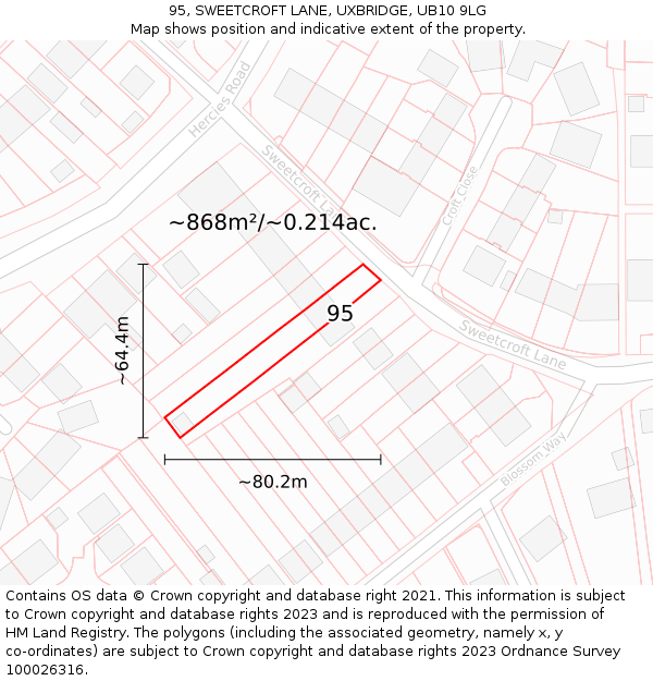 95, SWEETCROFT LANE, UXBRIDGE, UB10 9LG: Plot and title map