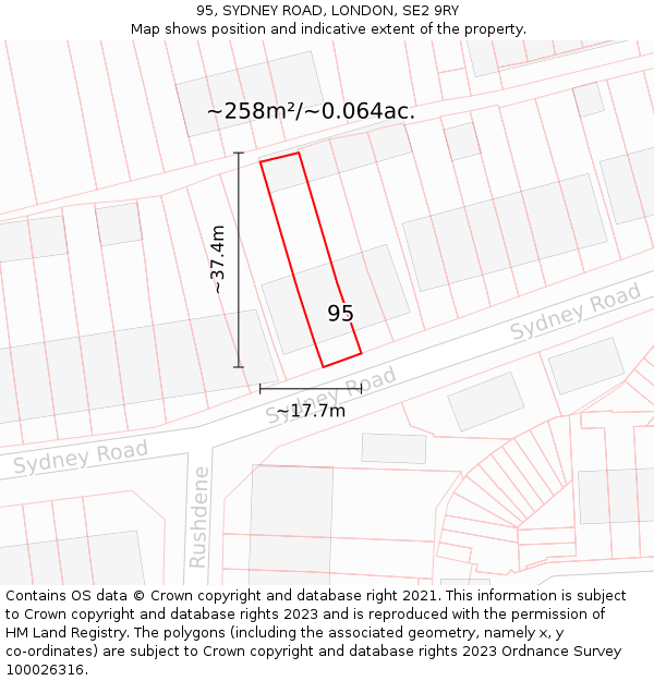 95, SYDNEY ROAD, LONDON, SE2 9RY: Plot and title map