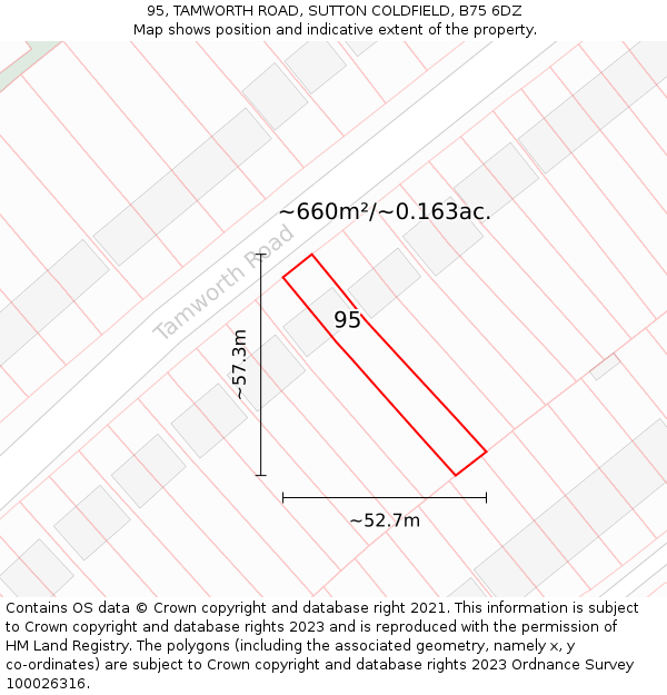 95, TAMWORTH ROAD, SUTTON COLDFIELD, B75 6DZ: Plot and title map