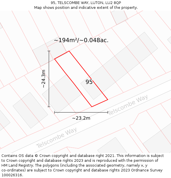 95, TELSCOMBE WAY, LUTON, LU2 8QP: Plot and title map