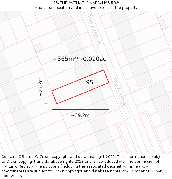 95, THE AVENUE, PINNER, HA5 5BW: Plot and title map