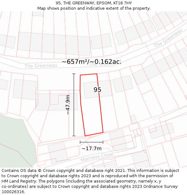 95, THE GREENWAY, EPSOM, KT18 7HY: Plot and title map